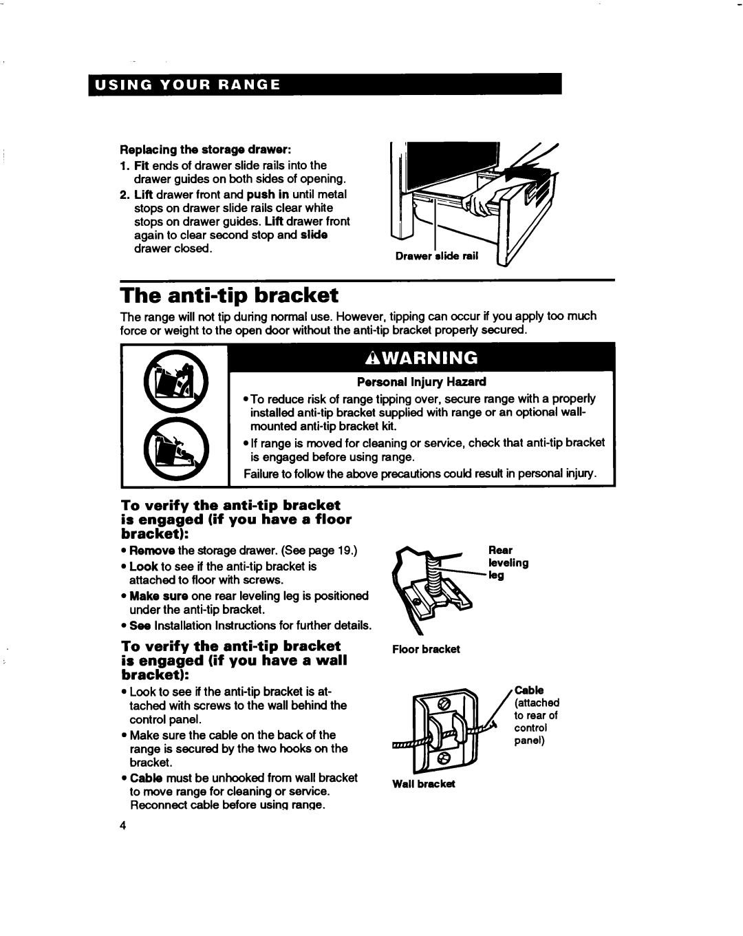 Whirlpool FES350B, FES310B manual Anti-tip bracket, Replacing the storage drawer, Injury Hazard 