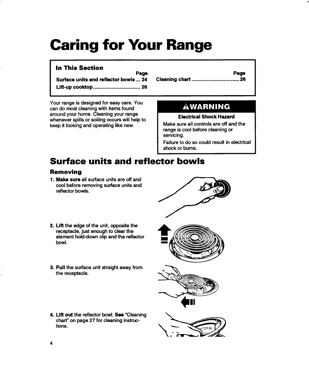 Whirlpool FES350B, FES310B manual Caring for Your Range, Surface units and reflector bowls, Removing 