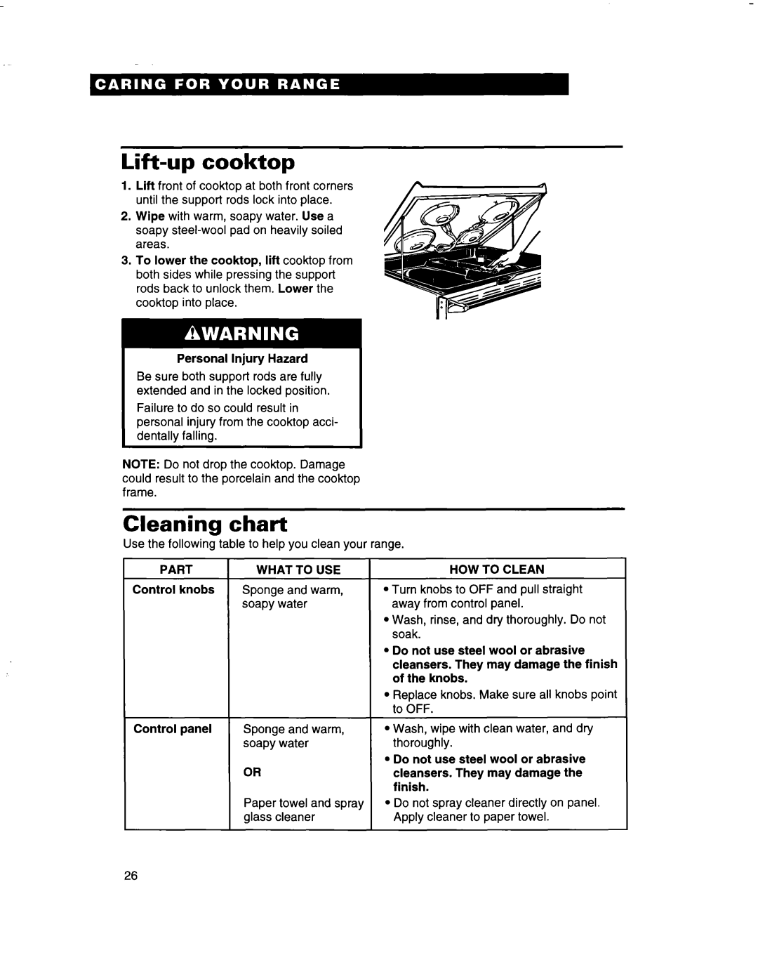 Whirlpool FES350B, FES310B manual Lift-up cooktop, Cleaning chart 