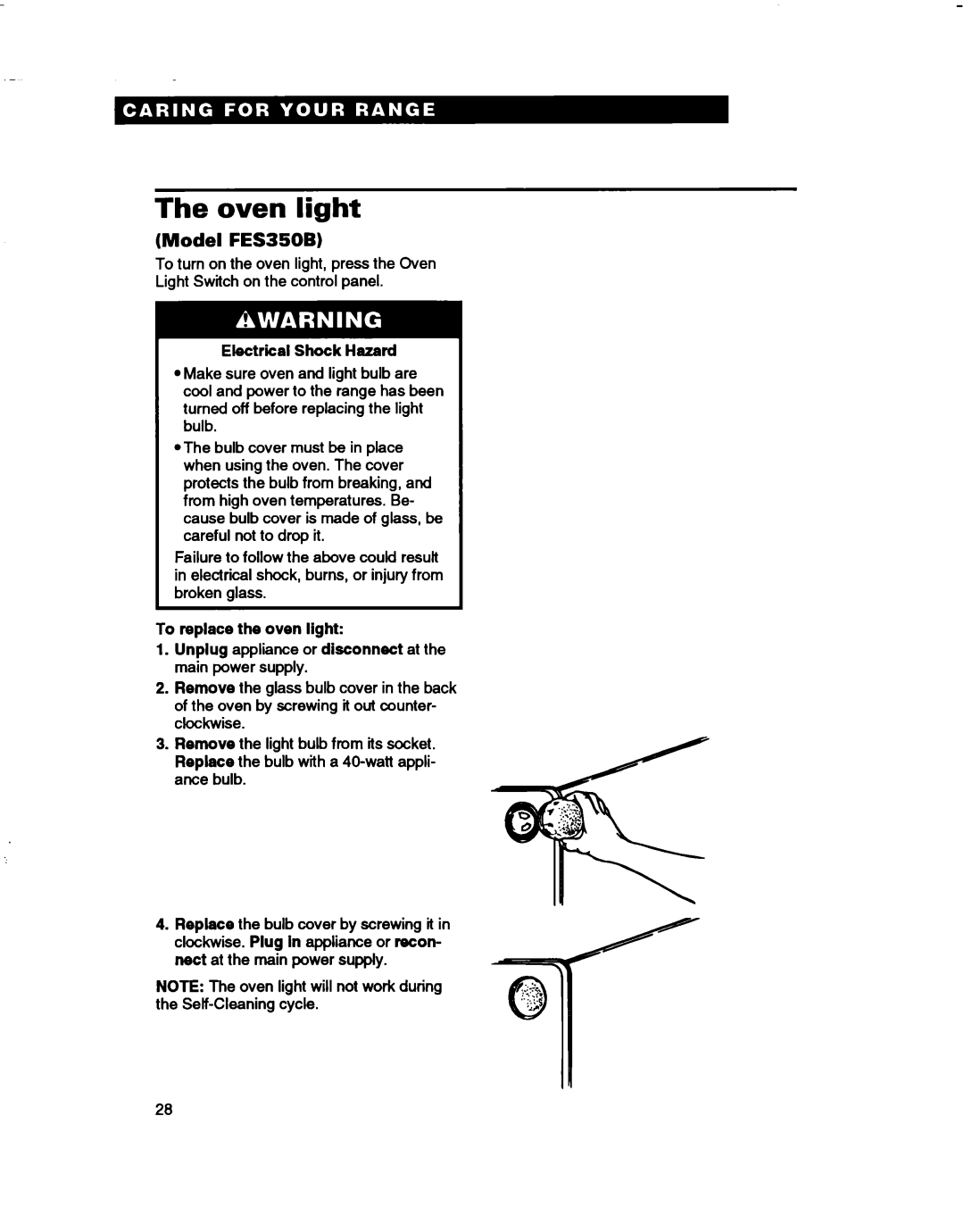 Whirlpool FES310B manual Oven light, Model FES350B, To replace the oven light 