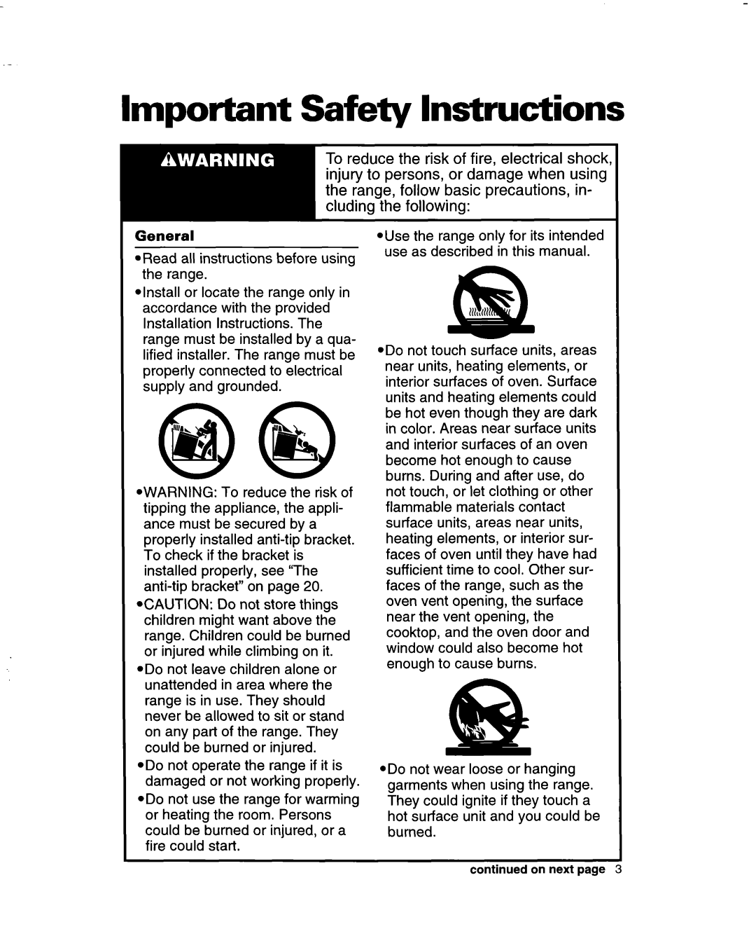 Whirlpool FES310B, FES350B manual Important Safety Instructions, On next 