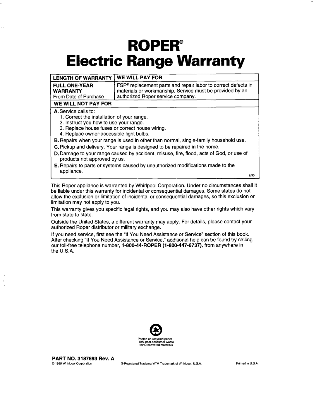 Whirlpool FES350B, FES310B manual Roper, Electric Range Warranty 