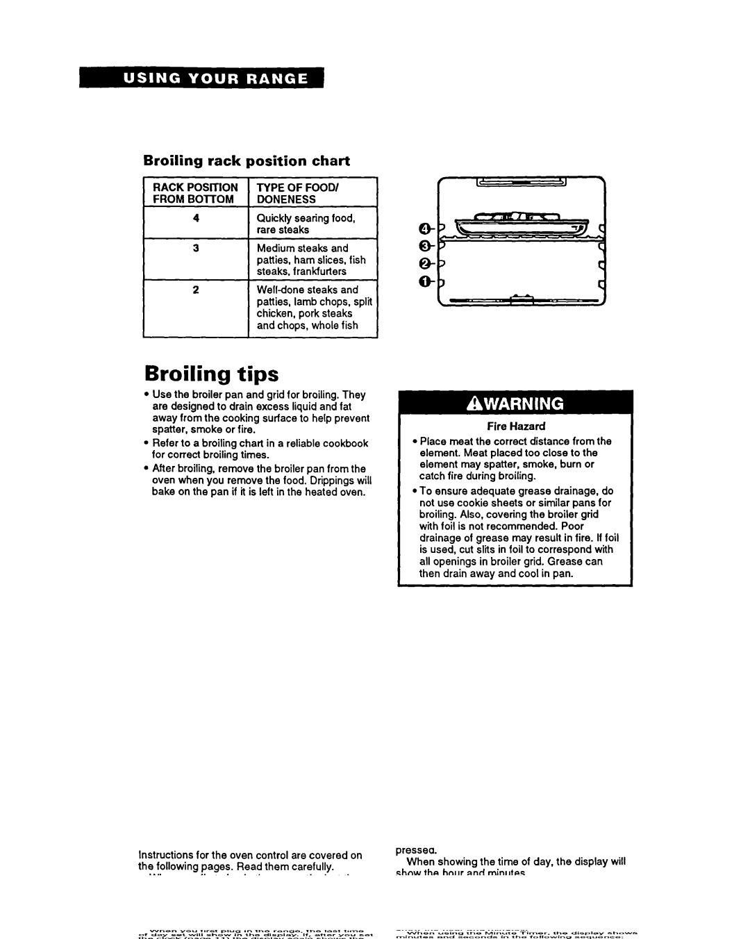 Whirlpool FES355Y warranty Broiling tips, Broiling rack position chart, Rack Position Type of Food 