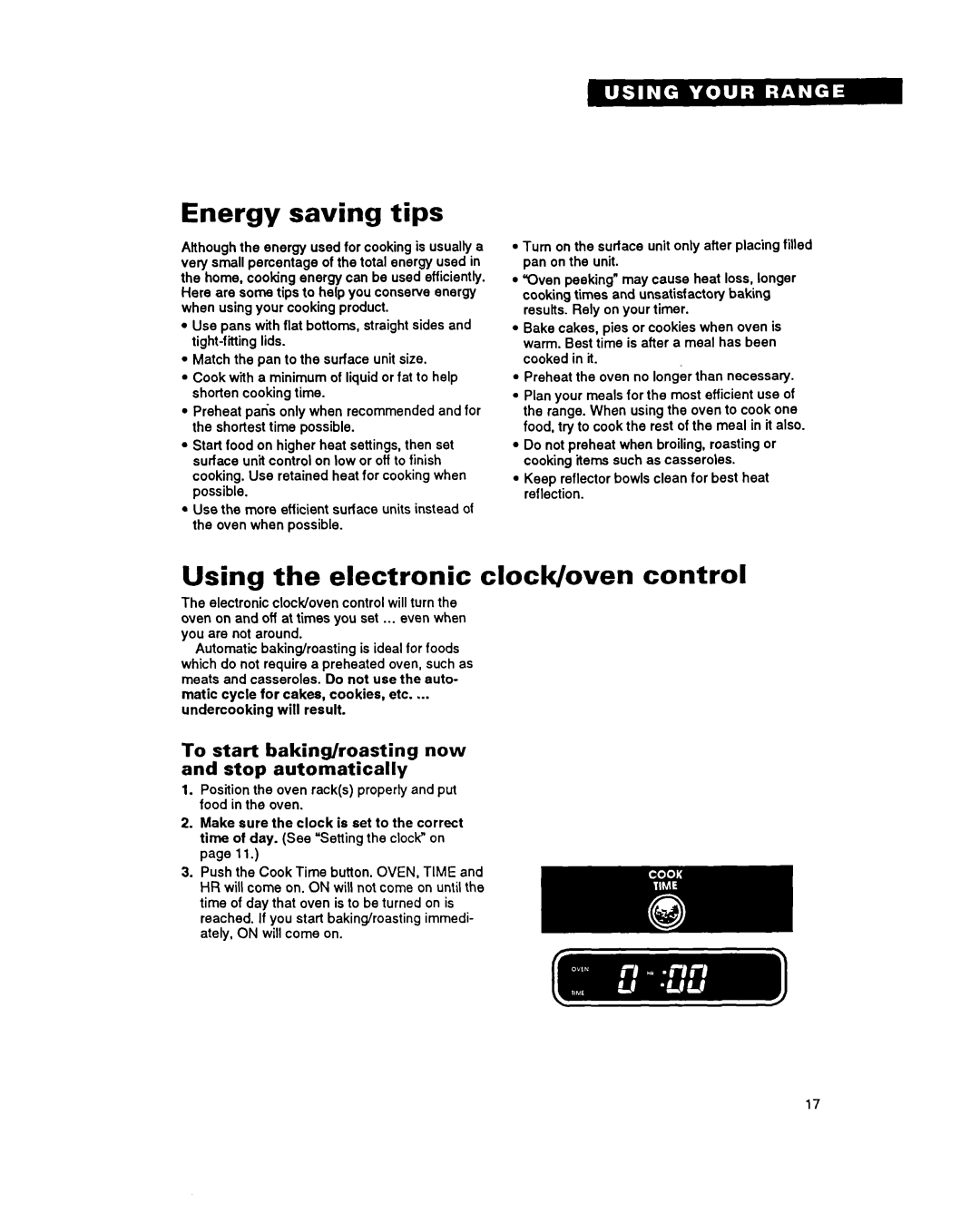 Whirlpool FES355Y warranty Energy saving tips, Using the electronic clock/oven control 