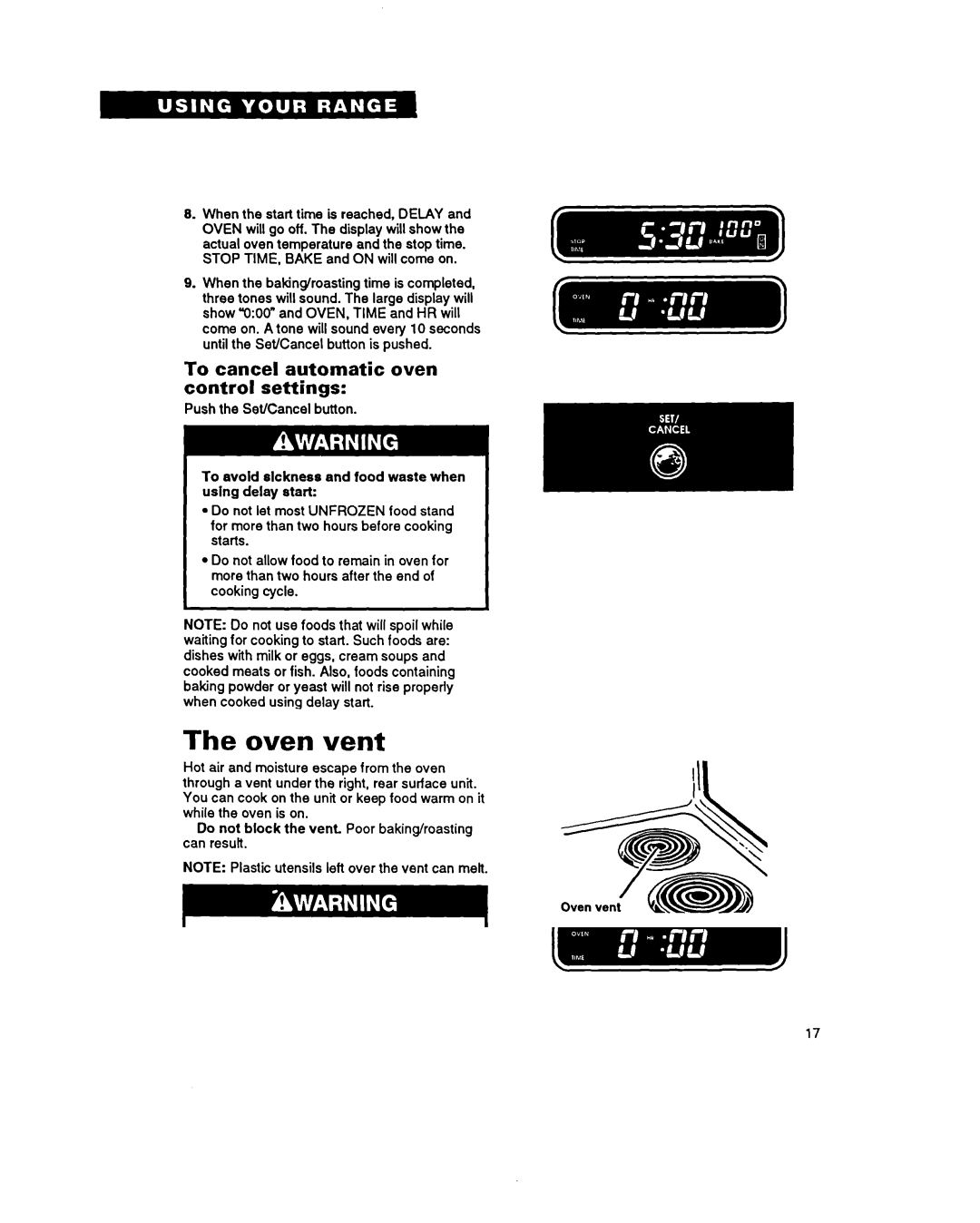 Whirlpool FES355Y warranty Oven vent, To cancel automatic oven control settings 