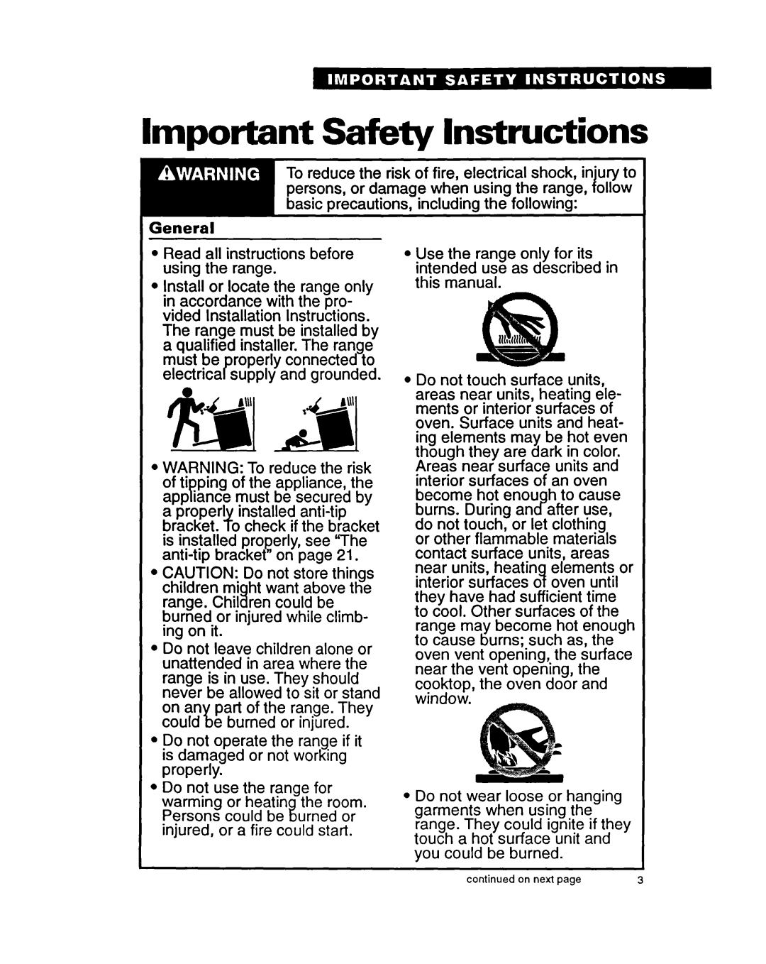 Whirlpool FES355Y warranty Important Safety Instructions, General 