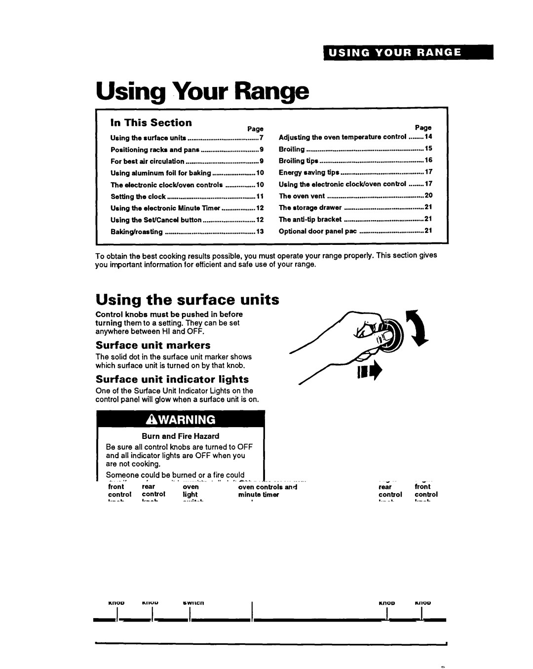 Whirlpool FES355Y warranty Using Your Range, Using the surface units, This Section, Surface unit markers 