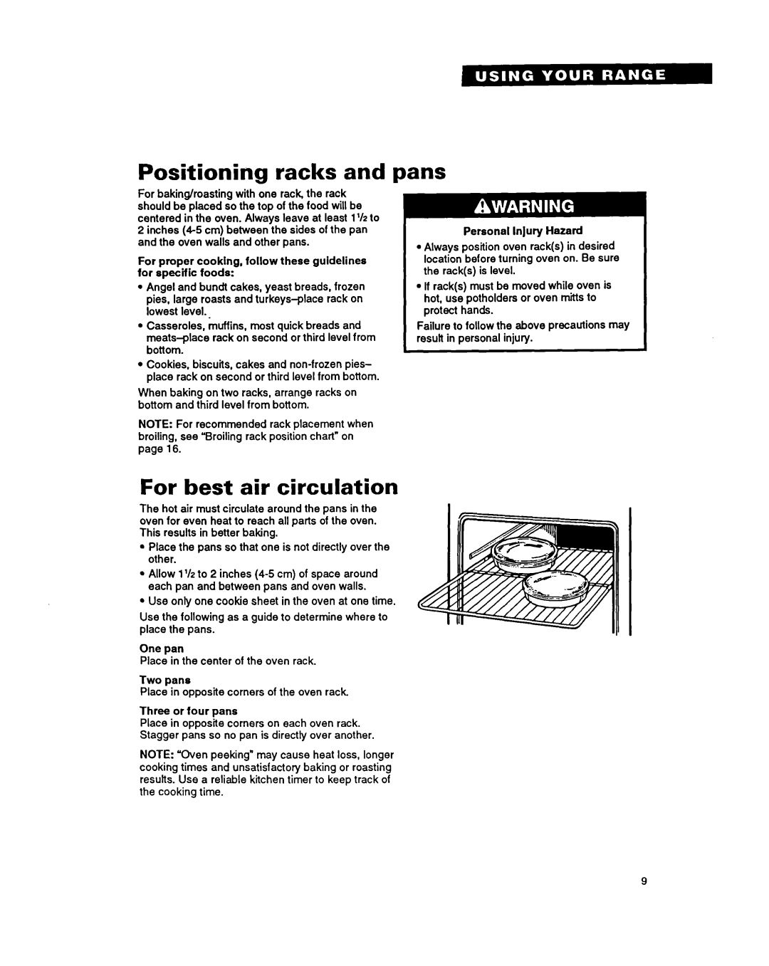 Whirlpool FES355Y warranty Positioning racks, Pans, For best air circulation 