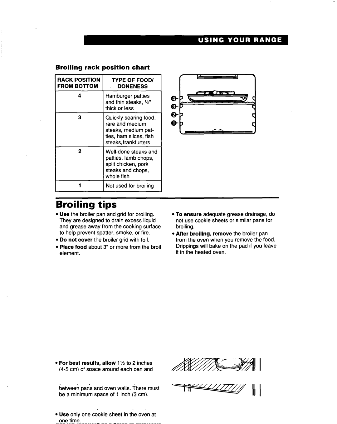 Whirlpool FES364B manual Broiling tips, Broiling rack position chart, Rack Position Type of Food, From BOlTOM Doneness 