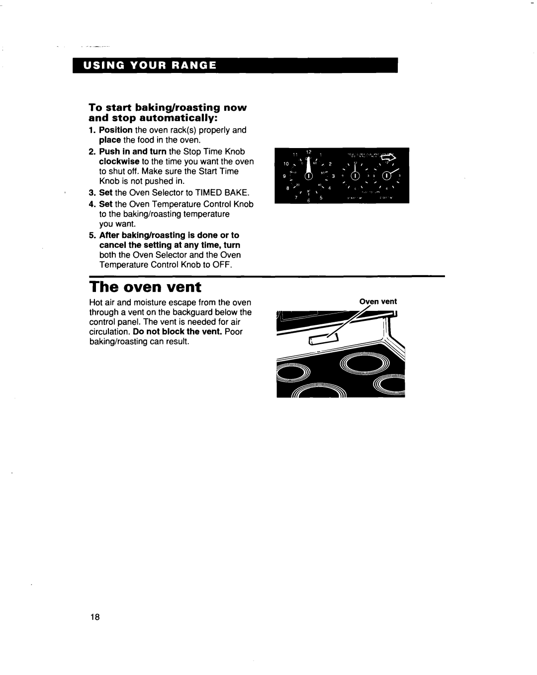 Whirlpool FES364B manual Oven vent, To start baking/roasting now and stop automatically 