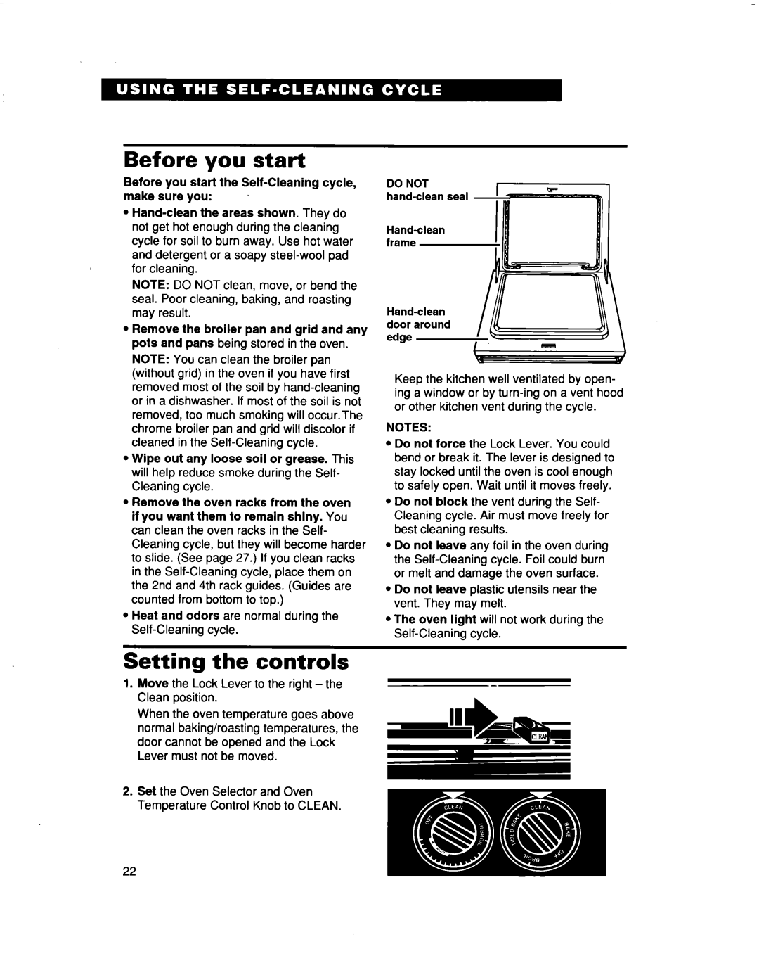 Whirlpool FES364B manual Setting the controls, Before you start the Self-Cleaning cycle, make sure you 