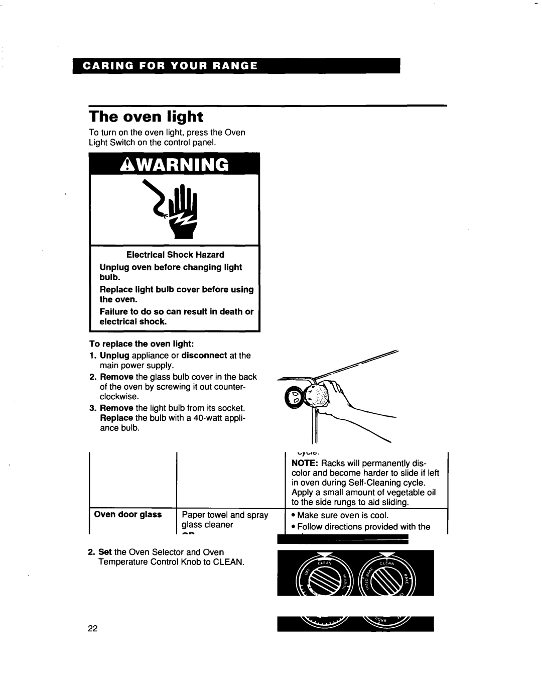 Whirlpool FES364B manual Oven light 