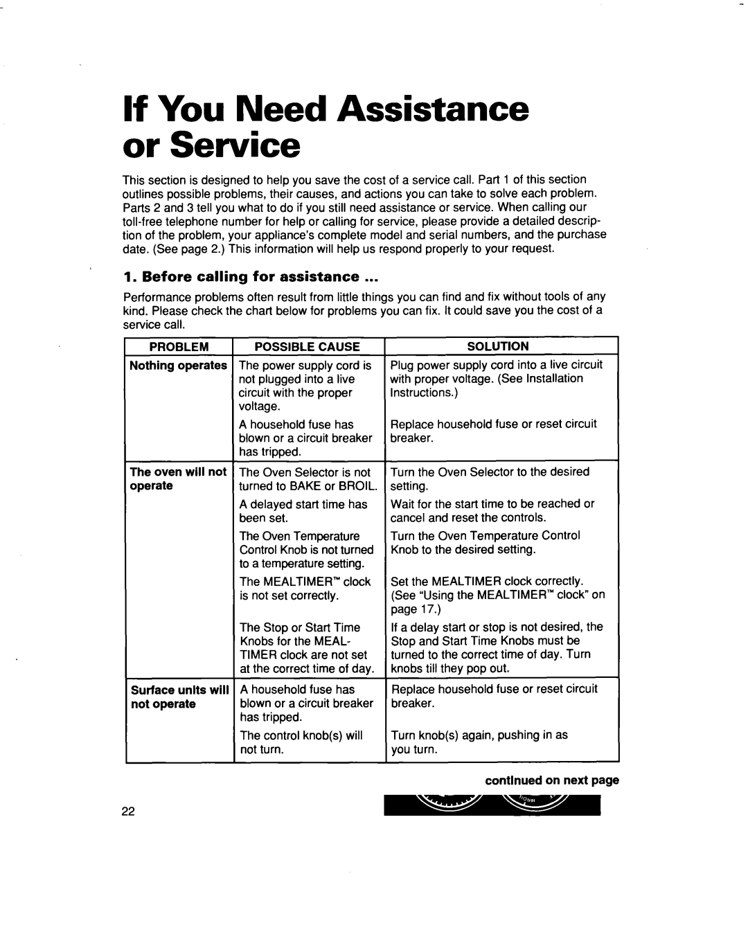 Whirlpool FES364B manual If You Need Assistance or Service, Before calling for assistance, Problem Possible Cause, Solution 