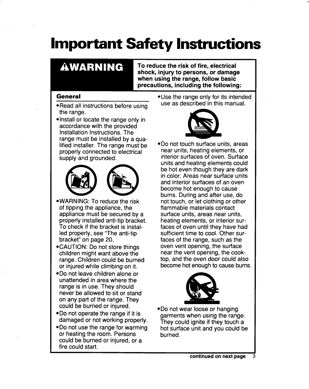 Whirlpool FES364B manual Important Safety Instructions, Llldll Giib, Comnuea on next 