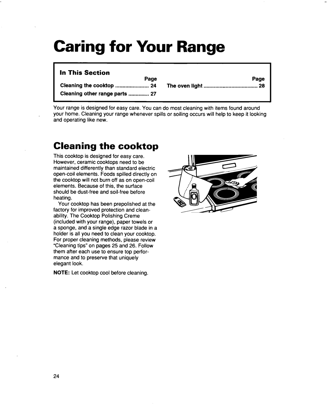 Whirlpool FES364B manual Caring for Your Range, Cleaning the cooktop, Page 