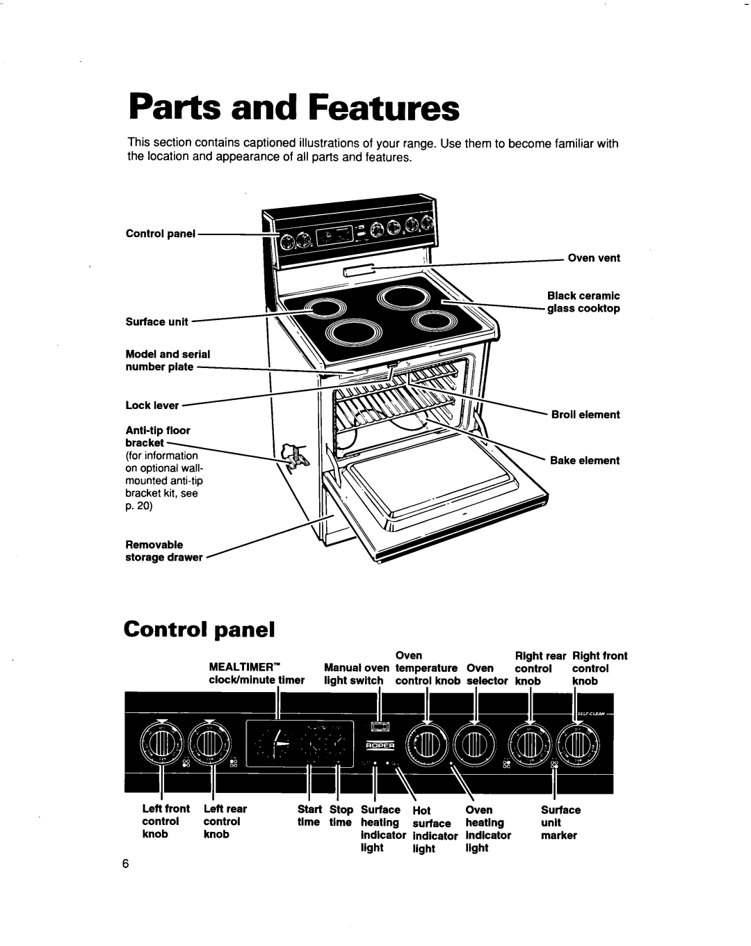 Whirlpool FES364B manual Parts and Features, Control, panel 