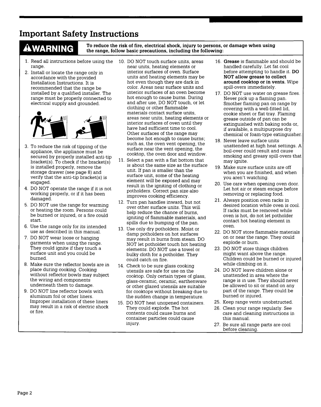 Whirlpool FES340V, FES375V, FES370V manual Important Safety Instructions 