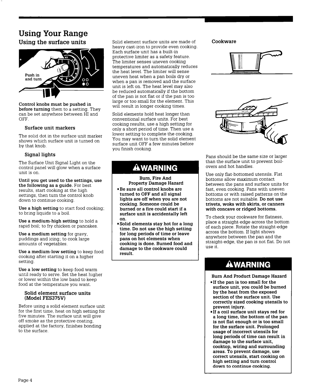 Whirlpool FES370V, FES375V, FES340V manual Using Your Range, Using the surface units 