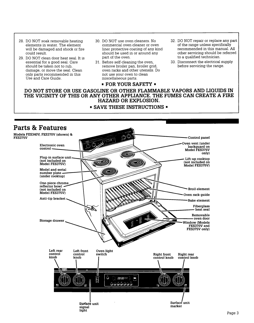 Whirlpool FES375V, FES370V, FES340V manual Parts & Features, For Your Safety, Save These Instructions 