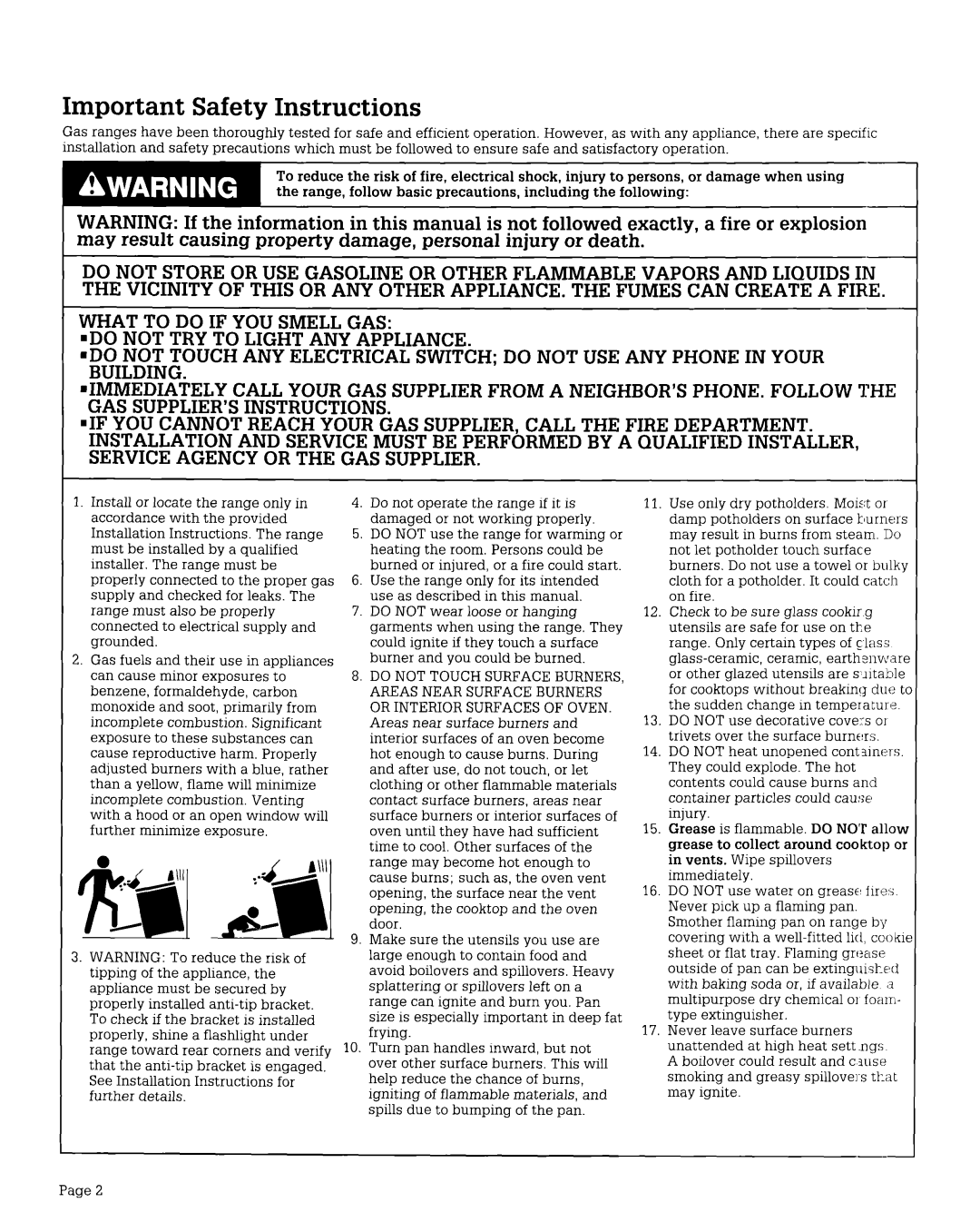 Whirlpool FLP210V, FGP210V, FGP215V warranty Important Safety Instructions 