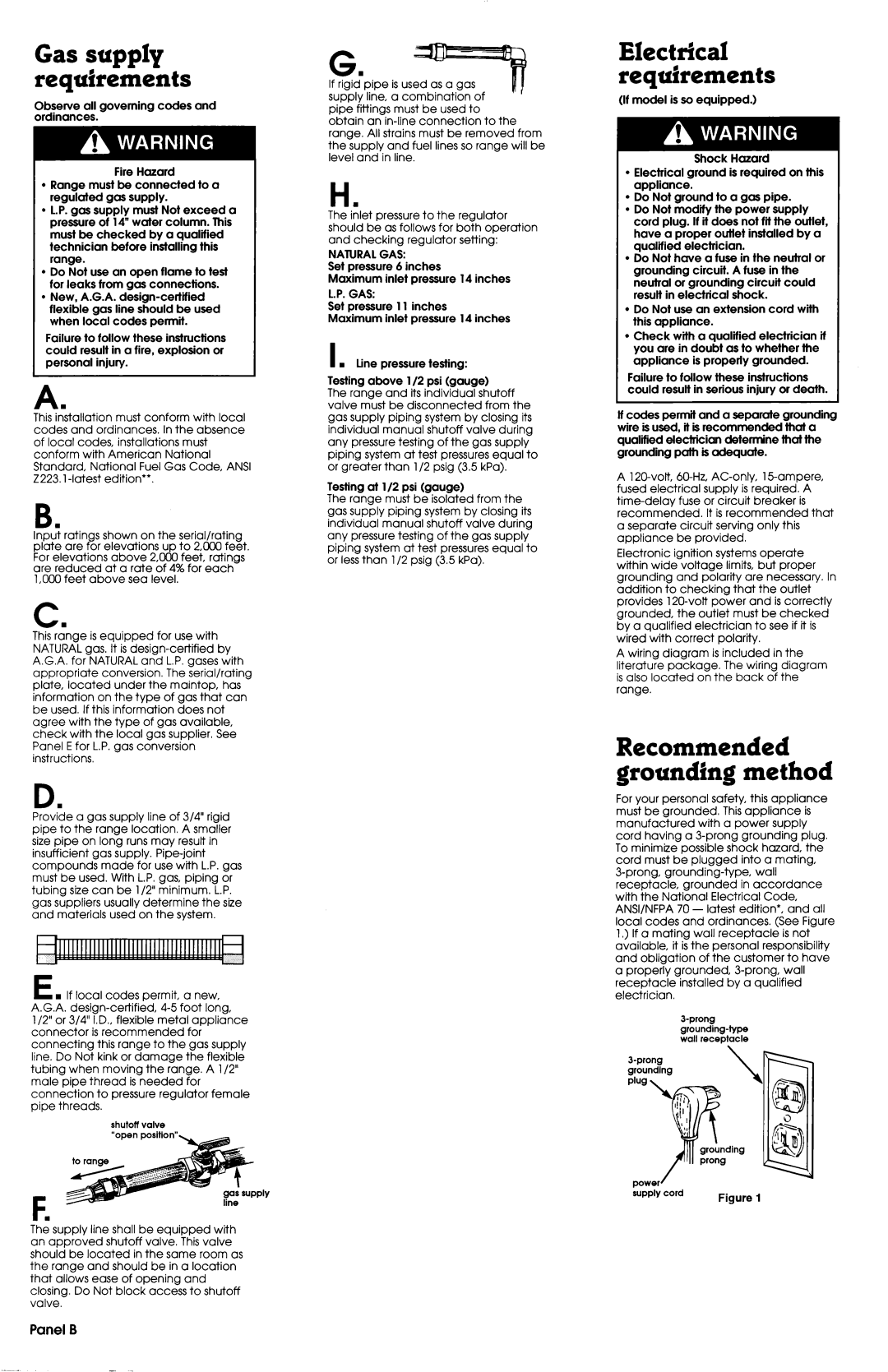 Whirlpool FGP300BL0 manual Recommended grounding method, Gas supply requirements, Electrical requirements, Panel B 