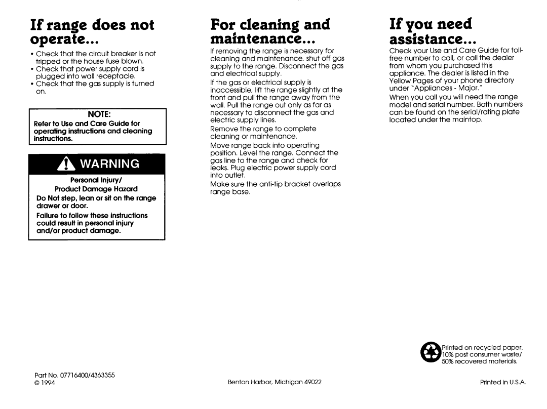 Whirlpool FGP300BL0 manual If range does not Operate, For cleaning Maintenance, If you need As&stance 