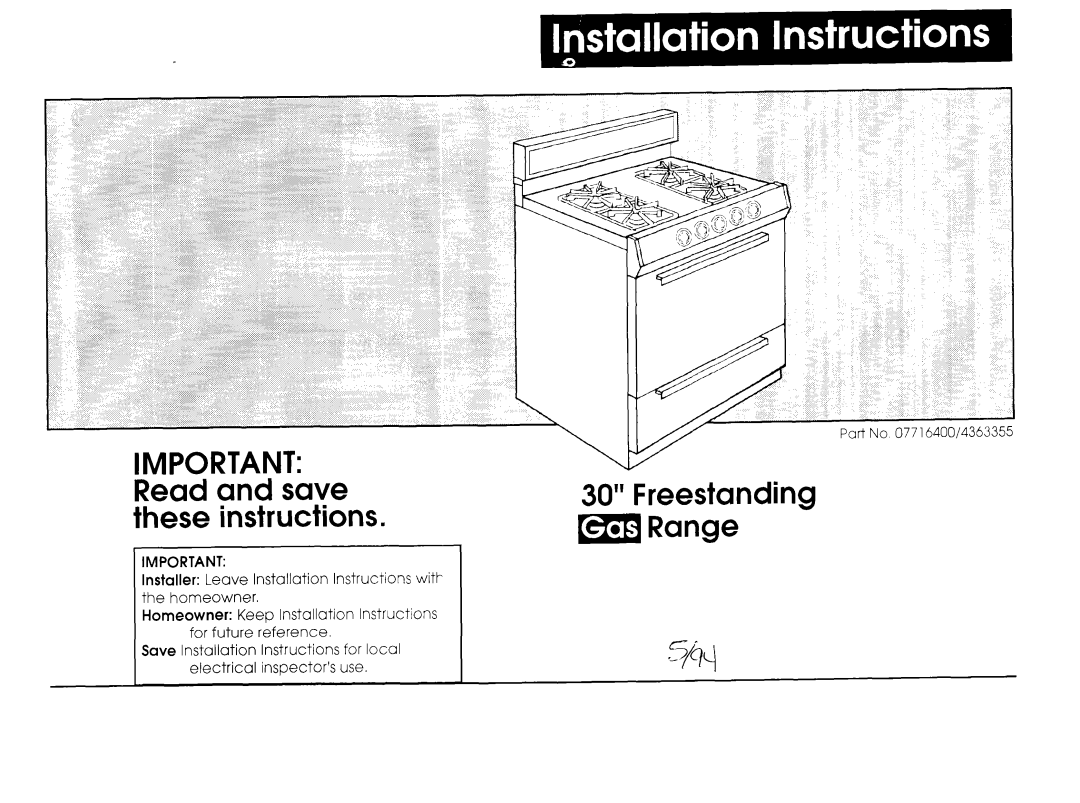 Whirlpool FGP300BL0 manual 30” Freestanding m Range, IMPORTANT Read and save these instructions 
