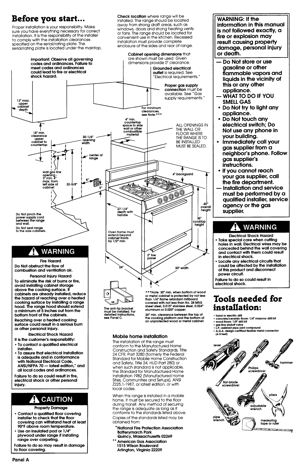 Whirlpool FGP300BL0 manual Before you start, Tools needed for installation 