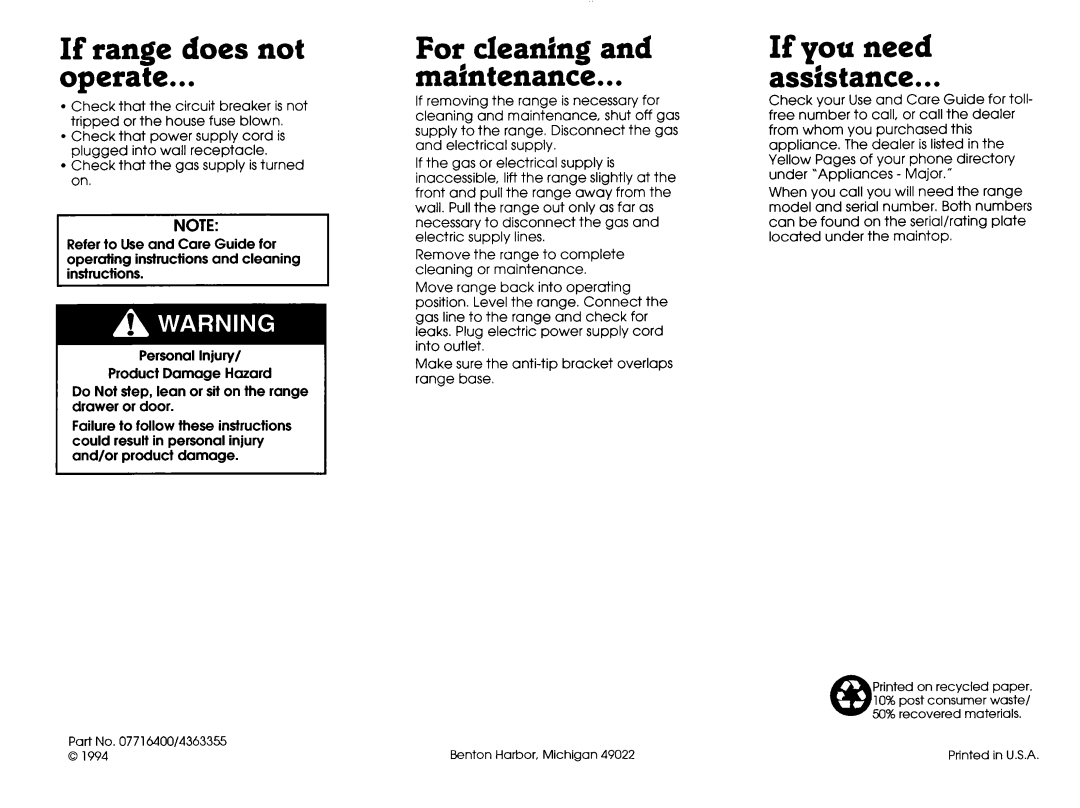 Whirlpool FGP300BL0 manual If range does not operate, For cleaning and maintenance, If you need as&stance 