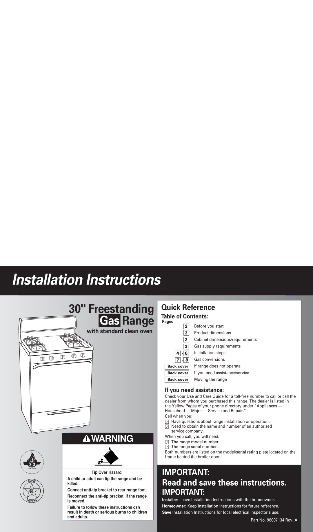 Whirlpool FGP300JN0 installation instructions Table of Contents, If you need assistance, Pages 