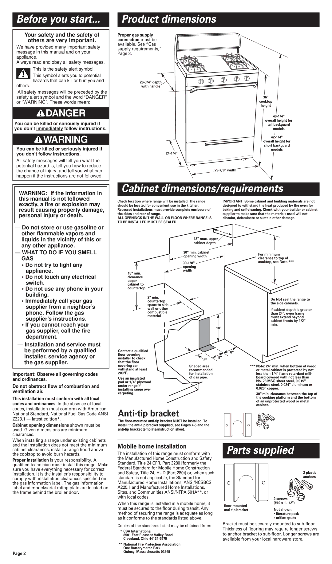 Whirlpool FGP300JN0 Before you start, Product dimensions, Cabinet dimensions/requirements, Parts supplied 