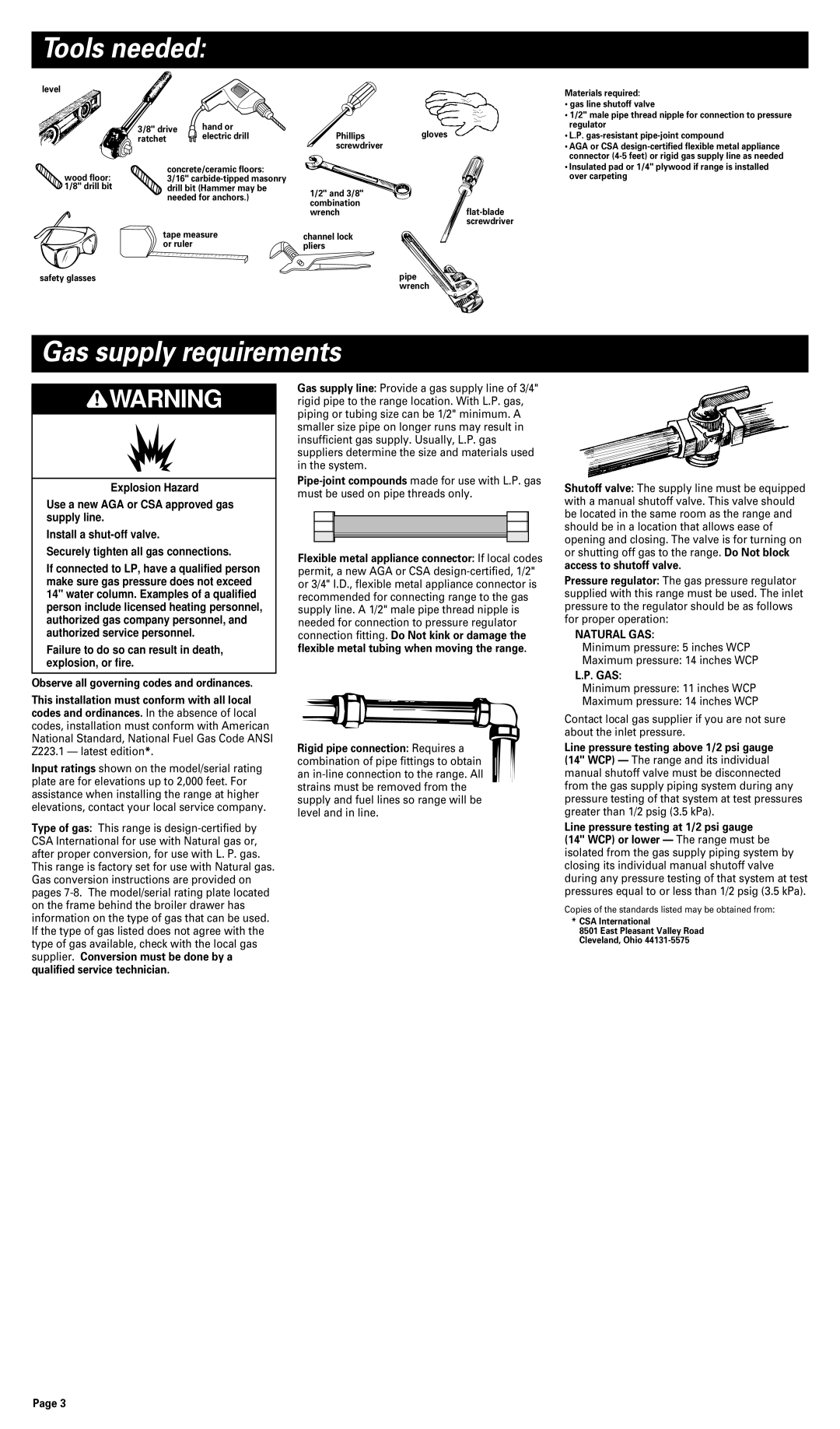 Whirlpool FGP300JN0 installation instructions Tools needed, Gas supply requirements 