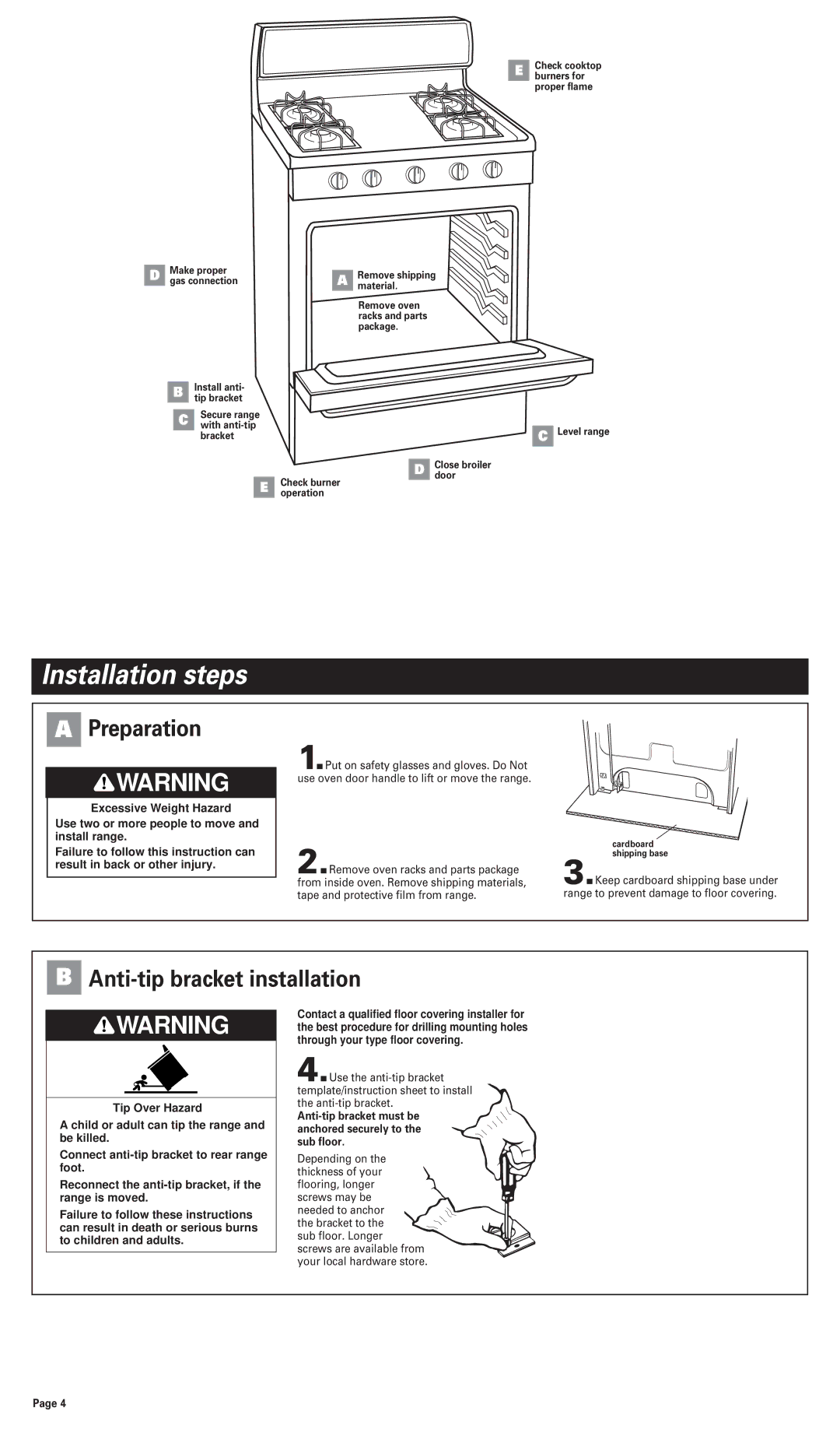 Whirlpool FGP300JN0 installation instructions Installation steps, Preparation, Anti-tip bracket installation 