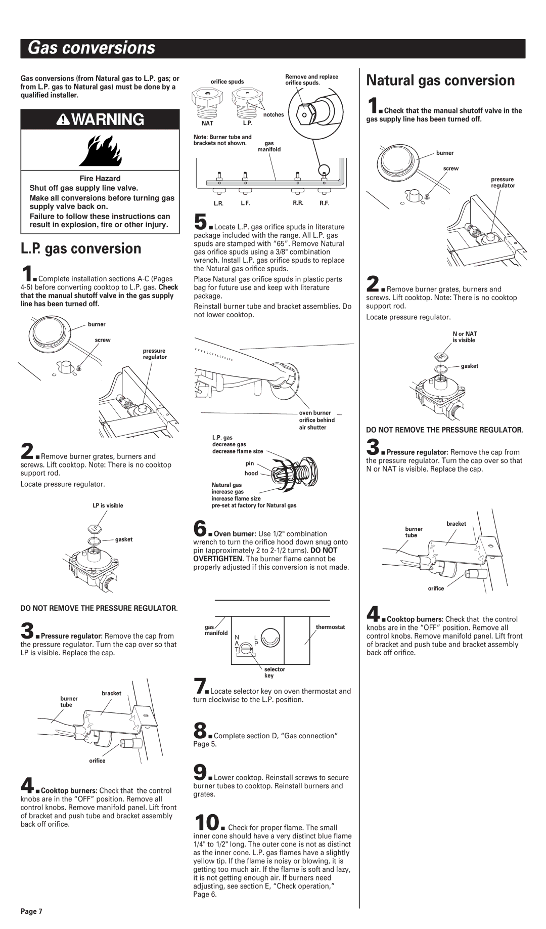 Whirlpool FGP300JN0 installation instructions Gas conversions, Natural gas conversion 