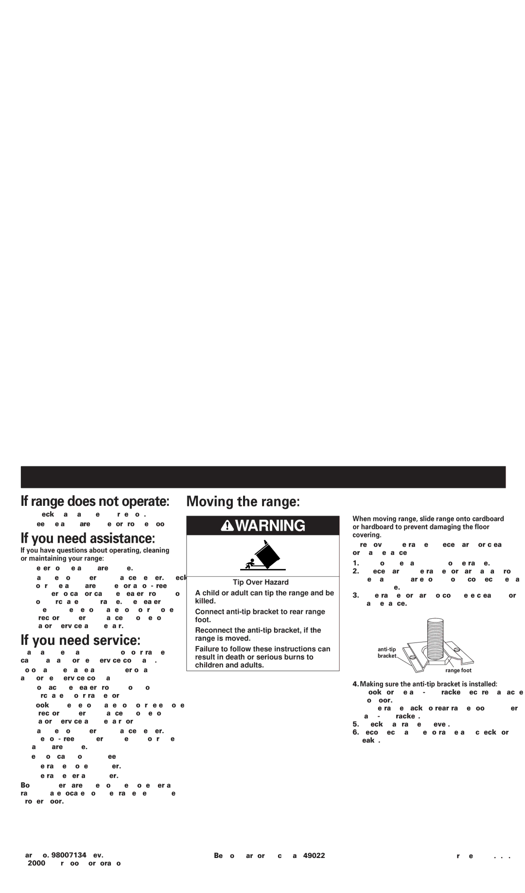 Whirlpool FGP300JN0 installation instructions If you need assistance, If you need service, Moving the range 