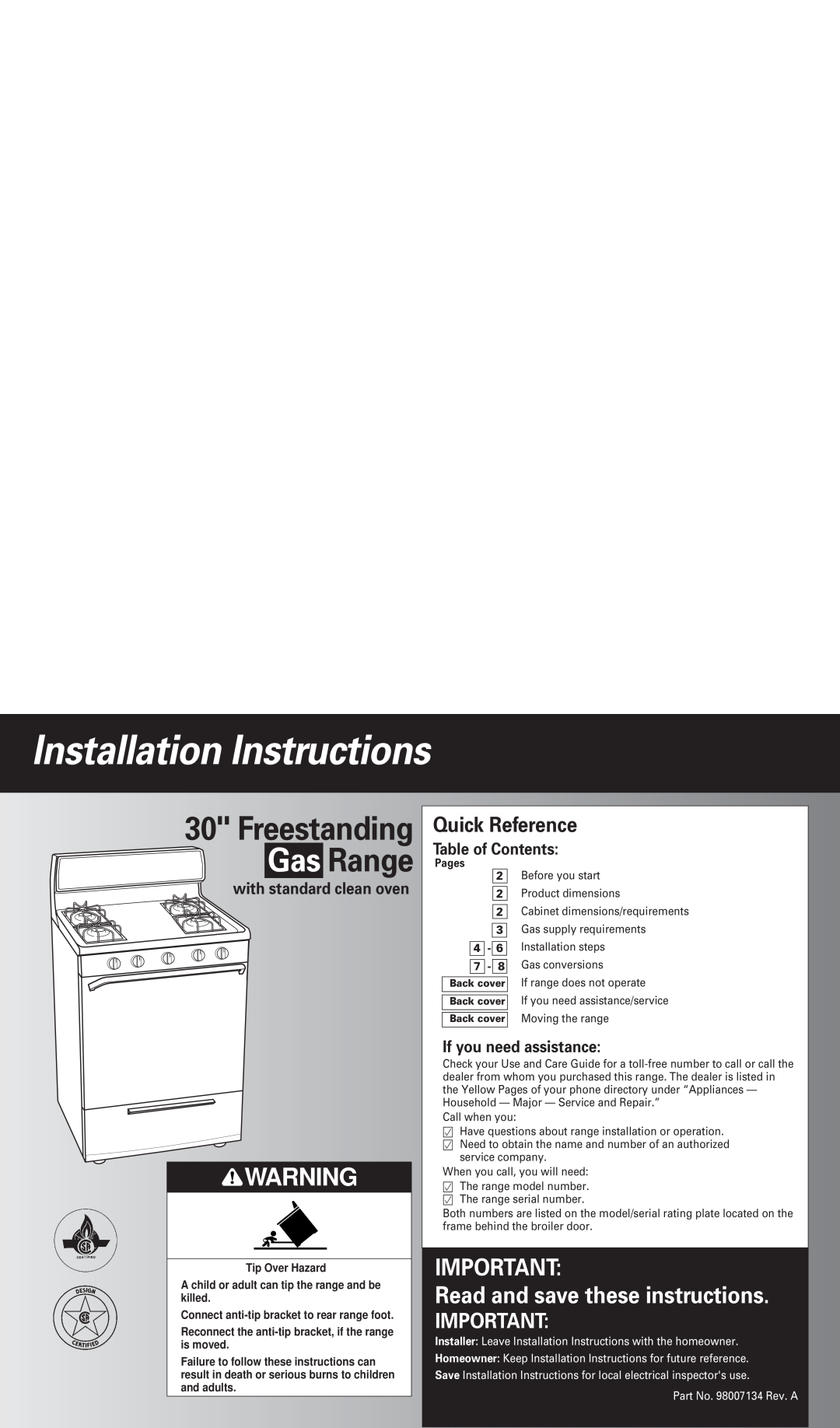 Whirlpool FGP300JN0 installation instructions Quick Reference, Table of Contents, If you need assistance, Gas Range 
