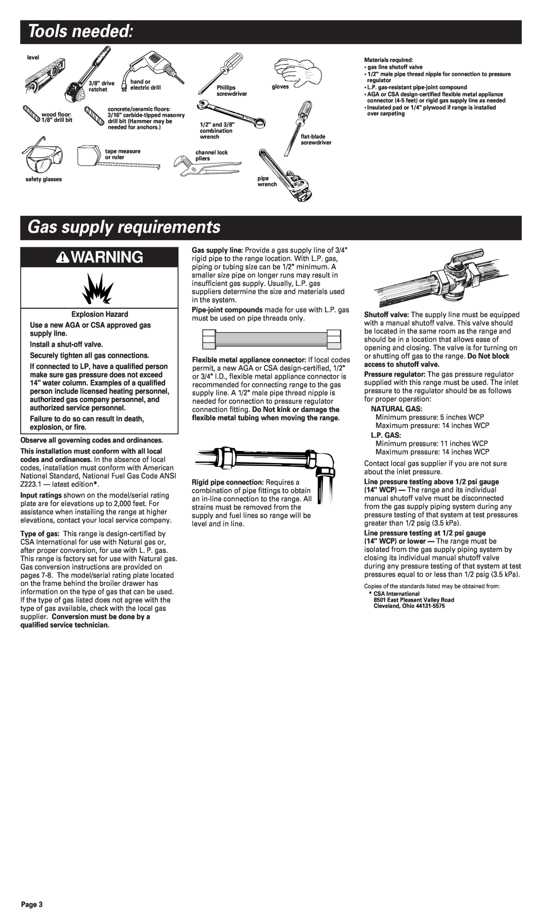 Whirlpool FGP300JN0 Tools needed, Gas supply requirements, Explosion Hazard, Use a new AGA or CSA approved gas supply line 