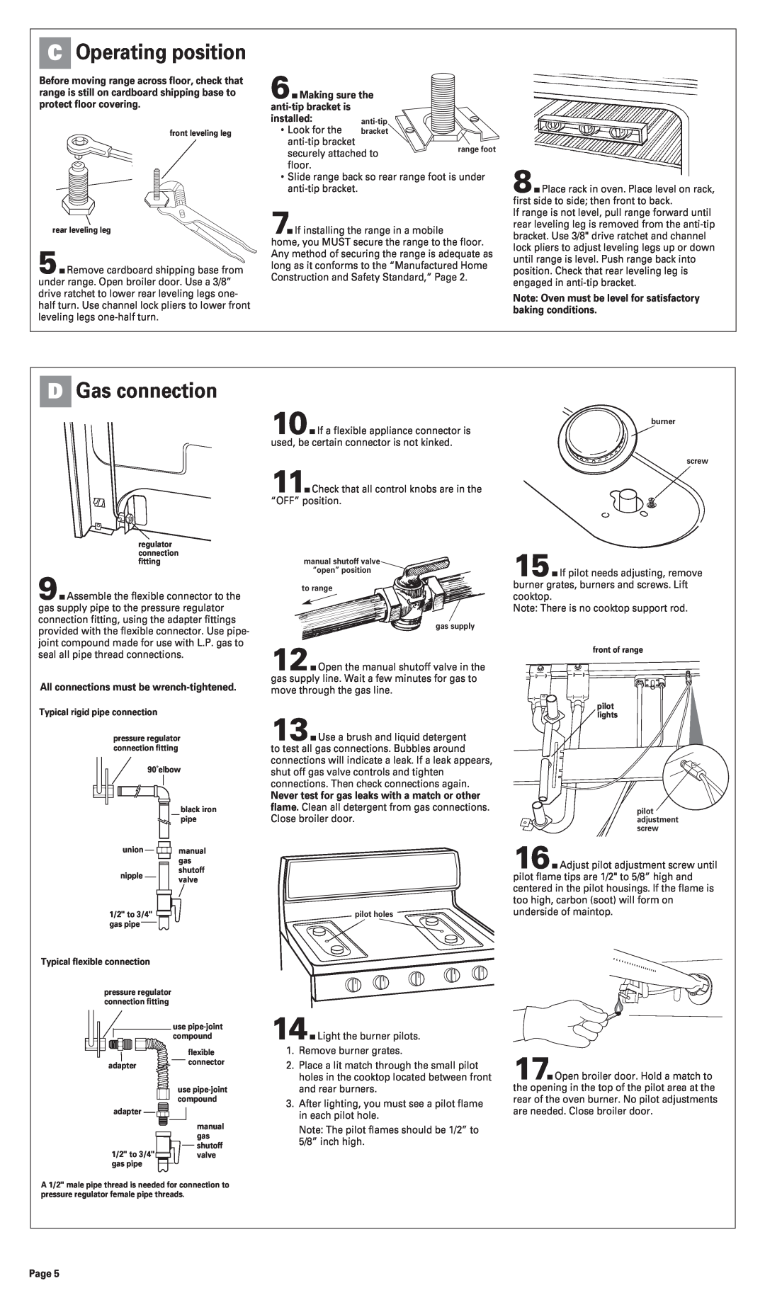 Whirlpool FGP300JN0 installation instructions DGas connection, COperating position 