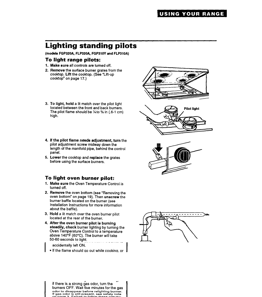 Whirlpool FGP325A manual Lighting standing pilots, To light range pilots, To light oven burner pilot 