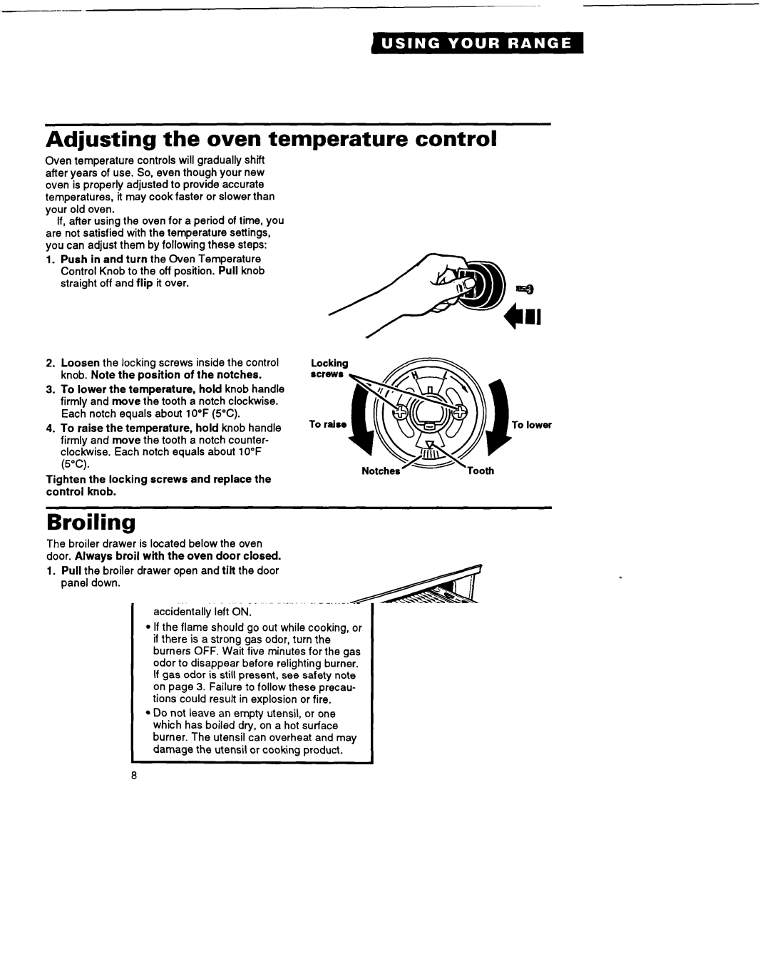 Whirlpool FGP325A manual Adjusting the oven temperature, Broiling, Control, Place broiler 