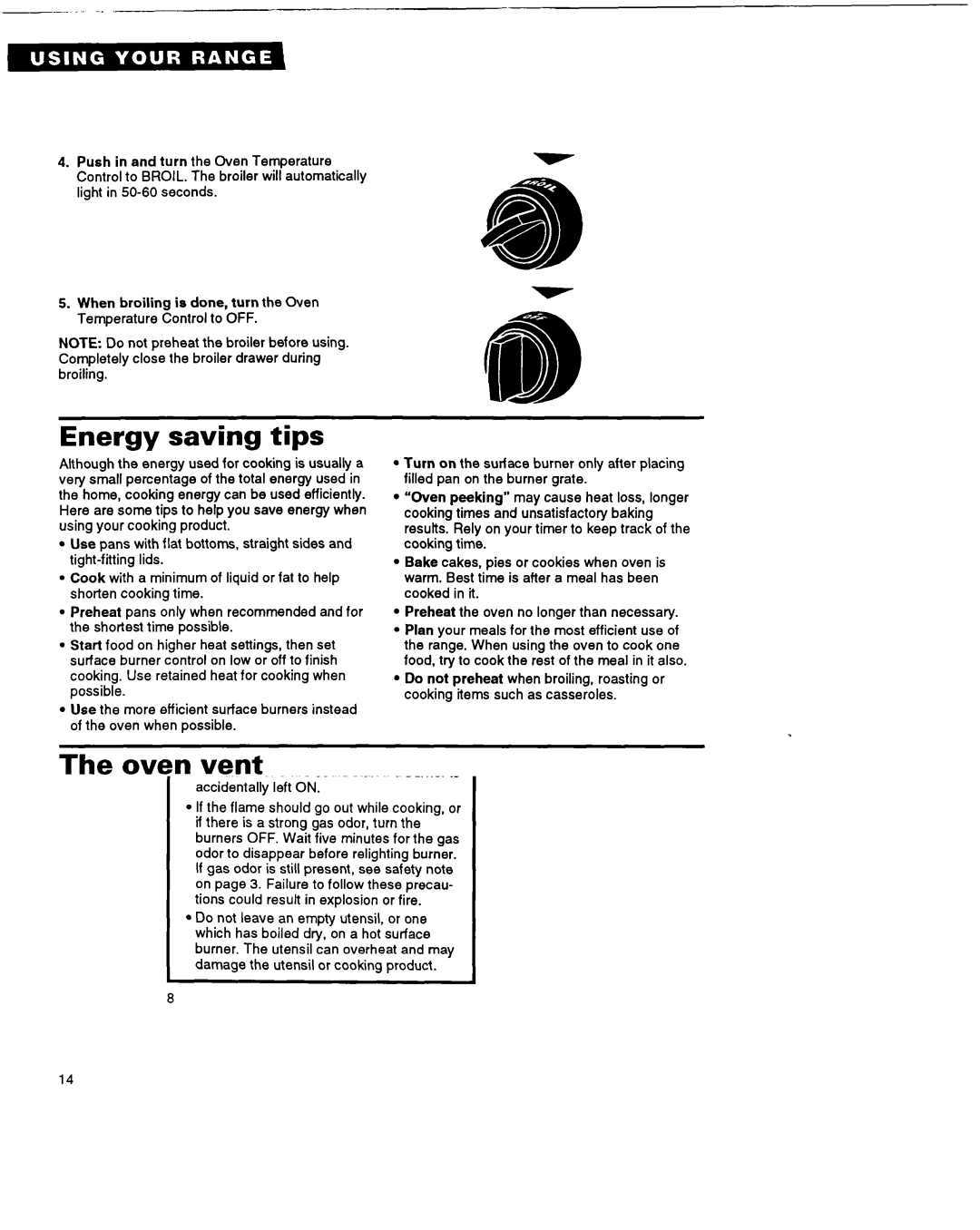 Whirlpool FGP325A manual Energy saving tips, Oven vent, Burn Hazard 