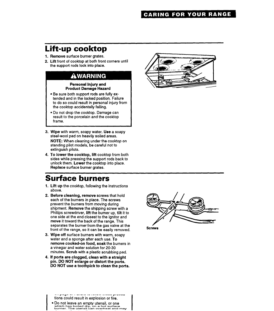 Whirlpool FGP325A manual Lift-up cooktop, Surface burners, Personal Injury Product Damage Hazard 