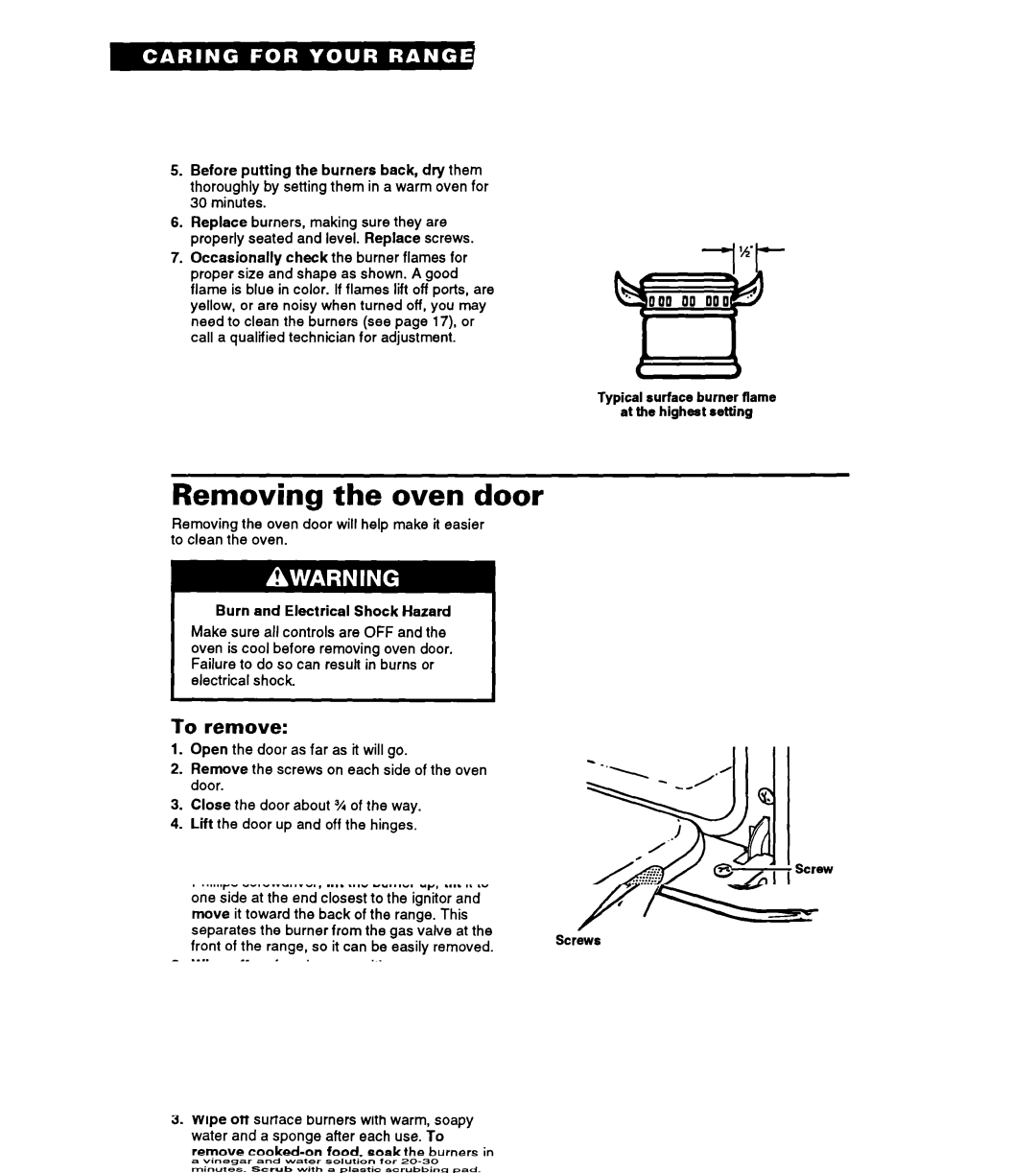 Whirlpool FGP325A manual Removing the oven door, To remove, Burn and Electrical Shock Hazard, +y’ Screw 