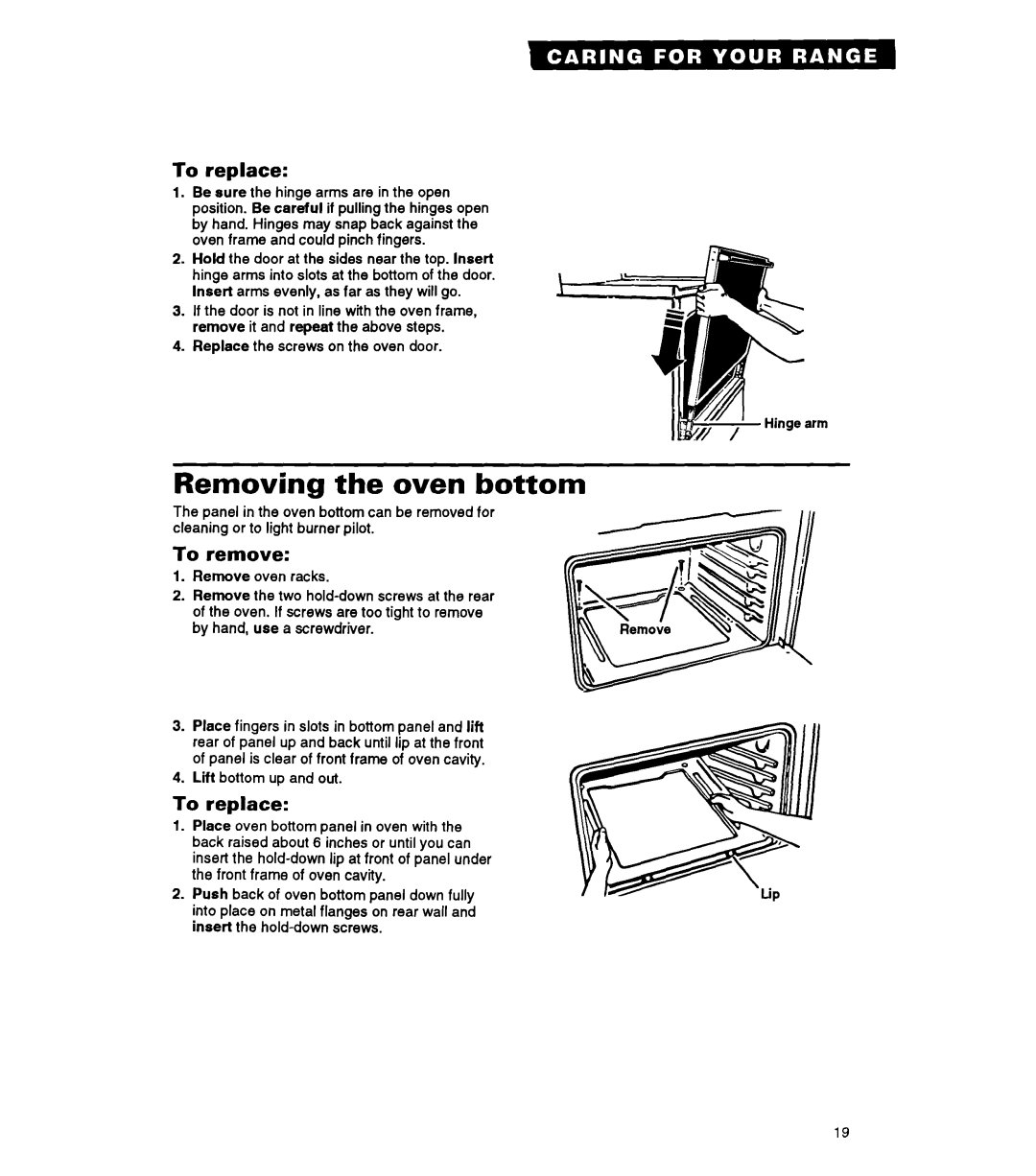 Whirlpool FGP325A manual Removing the oven bottom, To replace 