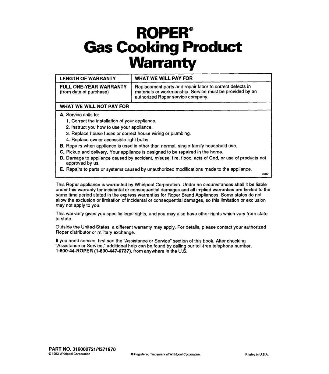 Whirlpool FGP325A manual Gas Cooking Product Warranty, What WE will not PAY for, Part no /4371970 