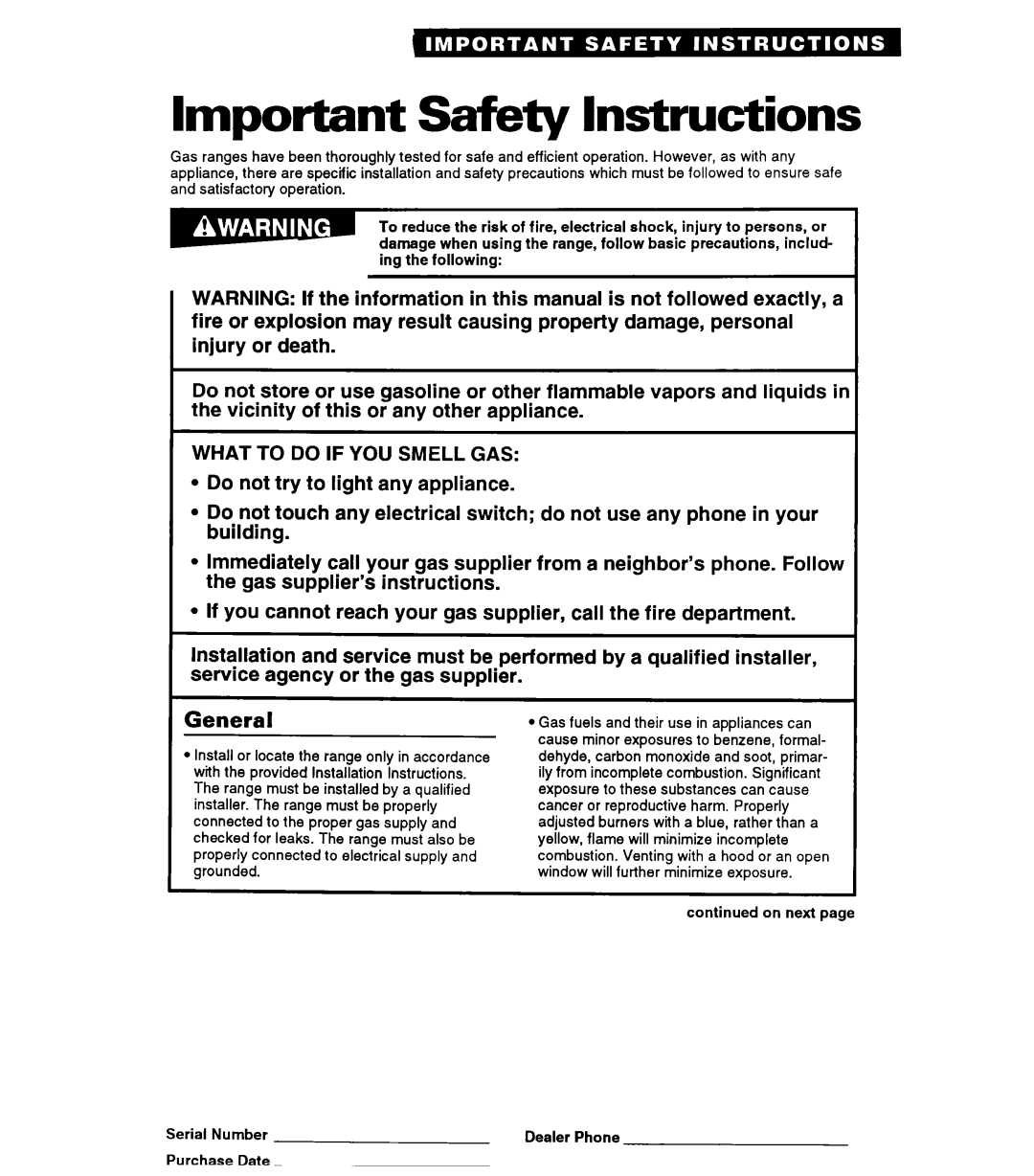 Whirlpool FGP325A manual Important Safety Instructions, On next 