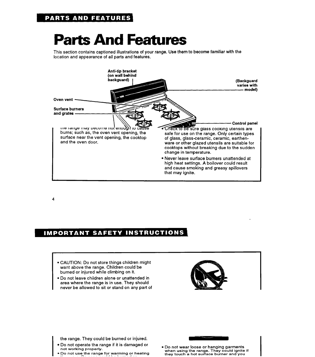 Whirlpool FGP325A manual Parts And Features, Control panel 