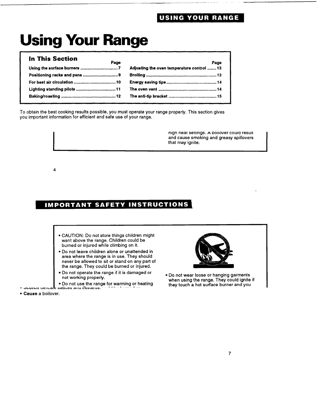 Whirlpool FGP325A Using Your Range, Using the surface burners, This Section, Surface burner markers, Burner heat settings 