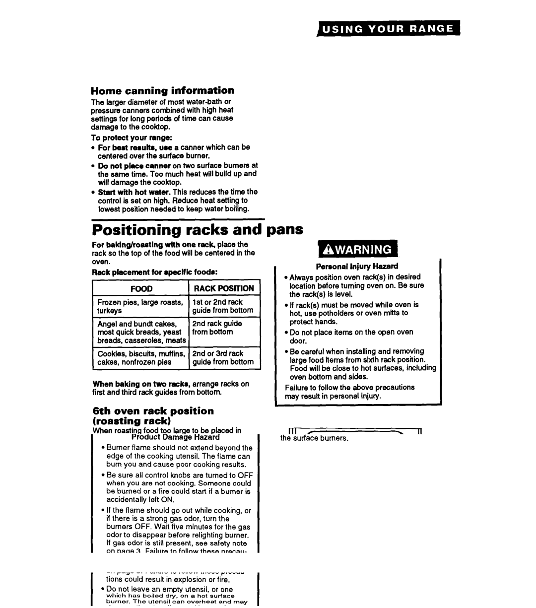 Whirlpool FGP325A manual Home canning information, 6th oven rack position Roasting rack, Food 