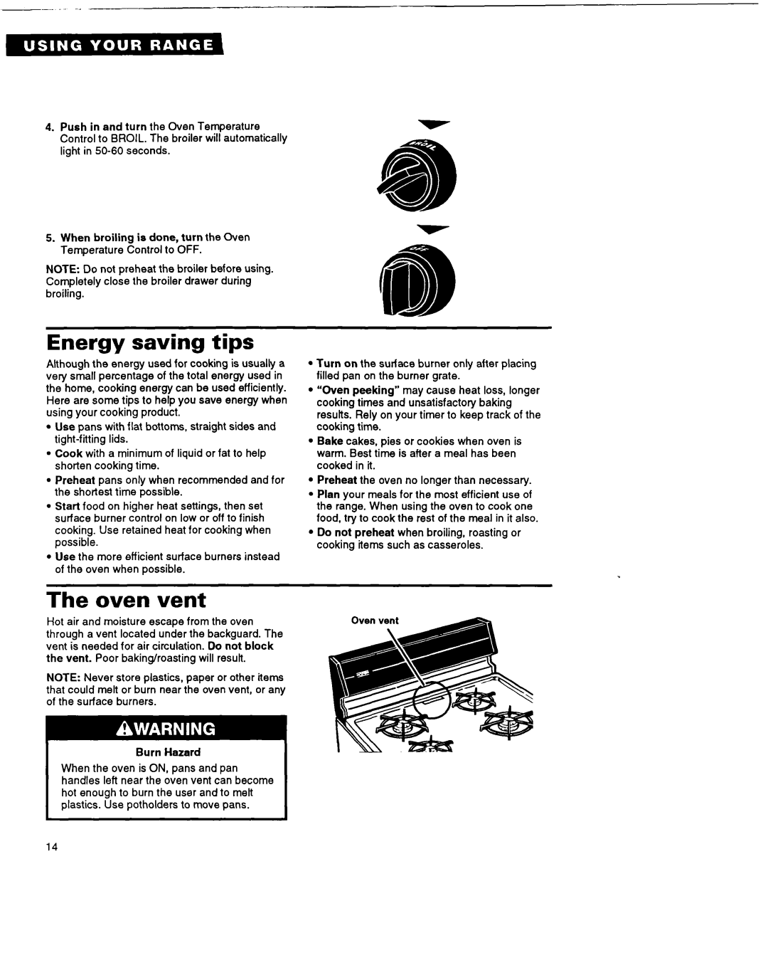 Whirlpool FGP325A manual Energy saving tips, The oven vent, Burn Hazard 